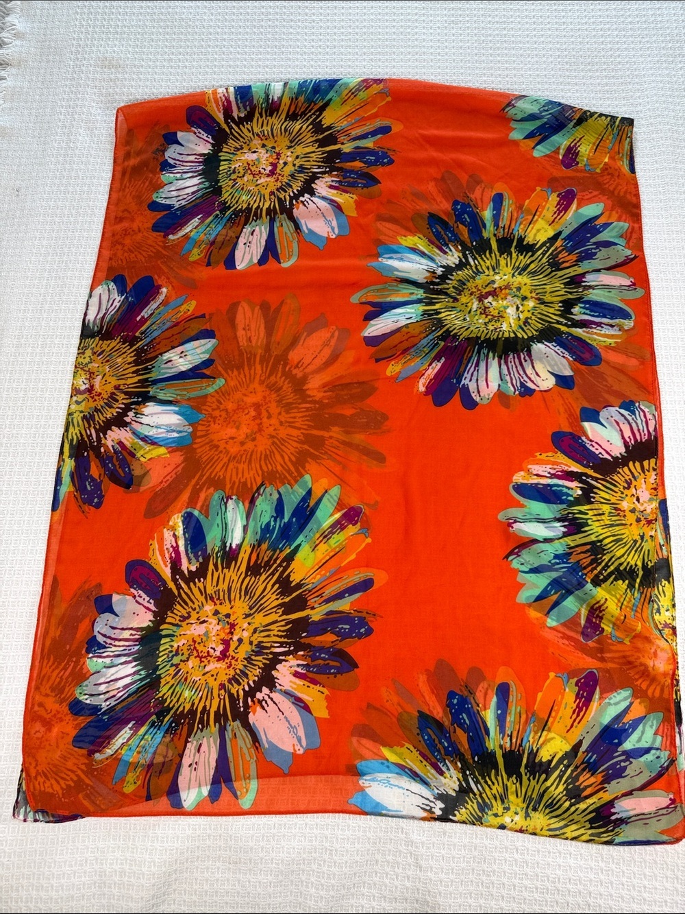 Colorful orange daisy print sheer scarf